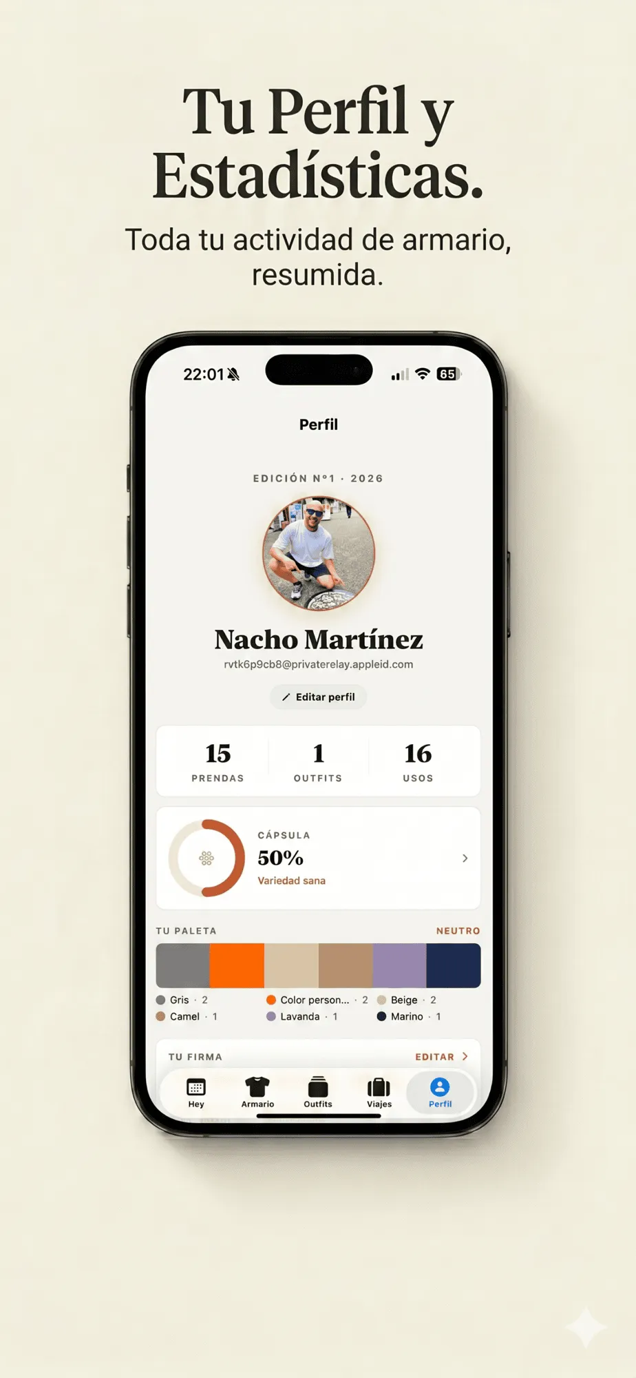 Pantalla Perfil: estadísticas de tu armario y paleta de colores